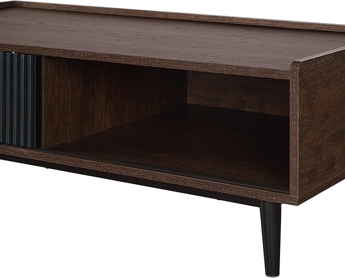 Manhattan Comfort Duane Mid Century Modern Coffee Table with Drawer & Cubby Shelf, Living Room Furniture with Ribbed Flat Design, Wood Grain Laminate Finish & Durable Iron Metal Feet, Black