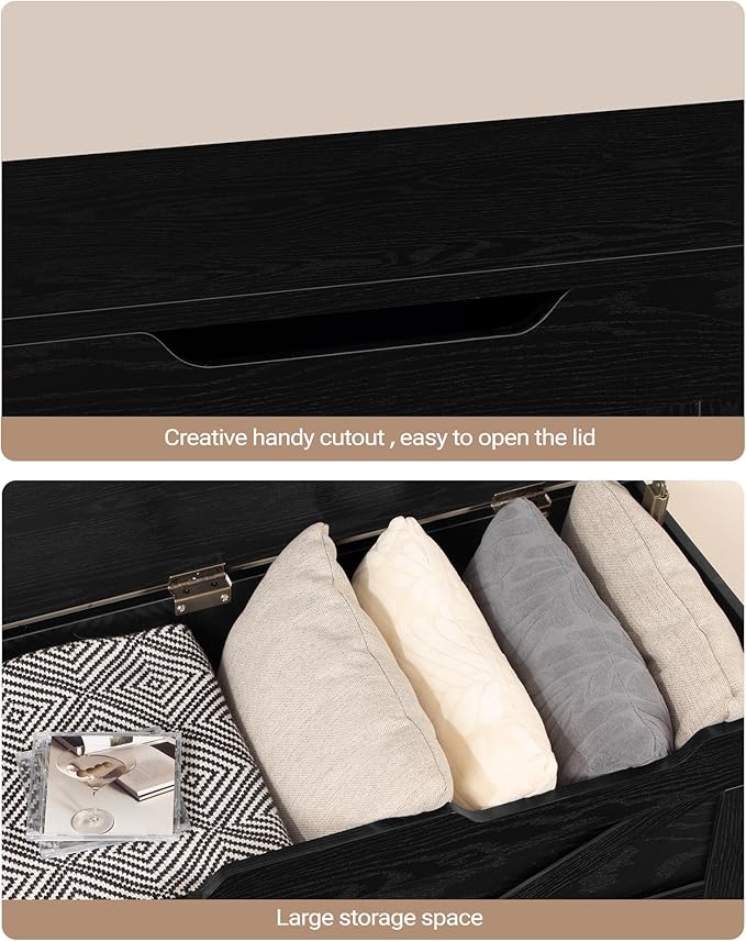 39.4" Storage Chest, Extra Large Storage Trunk with 2 Safety Hinges, Wooden Box Bench, Lift-Top Organizer Chest, Shoe Bench for Entryway, Bedroom, Living Room, Black SB03404X