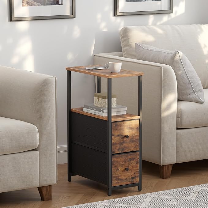 TUTOTAK Small Narrow End Table, Set of 2, Side Table, Nightstand with 2 Cloth Drawers, Couch Table, for Living Room, Bedroom, Bedside, Brown TB01BB054