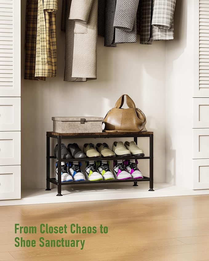 3-Tier Shoe Rack Bench - Entryway Organizer with Shoe Storage, Sturdy Shoe Shelf for Front Door, Small Space Saving Furniture, Brown, Holds 286lbs,27.2" x 12.0" x 15.9"