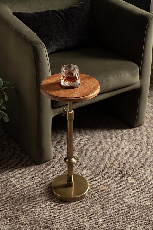 Kate and Laurel Engles Modern Adjustable-Height Pedestal Drink Table; 10 x 10 x 30; Walnut Brown and Brass; Mid-Century Round Indoor Metal Plant Stand with Solid Wood Tabletop