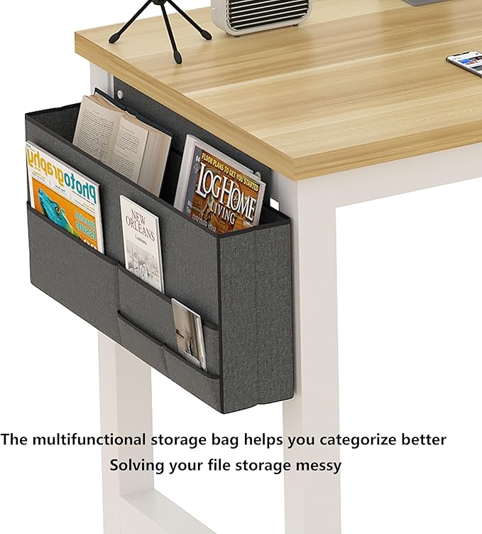 Large Computer Desk - 63 Inch Home Office Desks Study Student Writing Table Gaming Desk Wood Modern Simple Table with Storage Bag & Headphone Hooks, Rustic White
