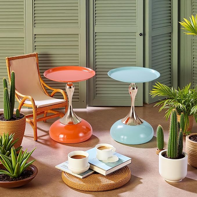 Stylish Hourglass Side Table - Contemporary Design for Living Rooms, Cafes, Dining Areas, Bedrooms, and Outdoor Spaces - Perfect Accent Piece for Any Decor (2, Light Green+Hermes Orange)