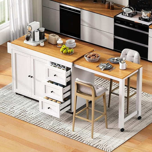 Ball & Cast 74.8" Kitchen Island with Extendable Dining Table,Kitchen Storage Cart W/Power Outlet and 3 Drawers,Rolling Kitchen Island on Wheels W/Spice Rack & 2 Door Cabinet,for Kitchen,White