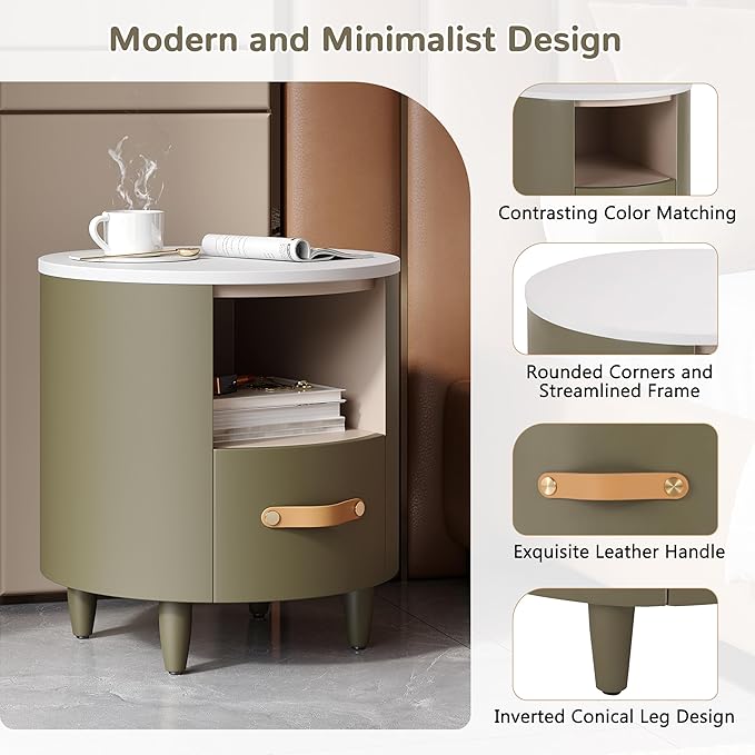 Merax Round Nightstand with Storage Drawer, MDF Contemporary Modern Bedside Table with Open Storage Shelf, Curved Design Sofa End Table for Bedroom & Living Room, Easy Assembly, Green
