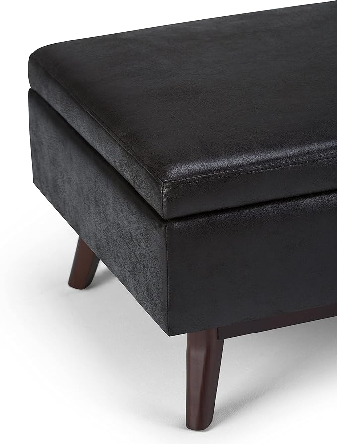 SIMPLIHOME Owen 34 inch Wide Mid Century Modern Rectangle Coffee Table Storage Ottoman in Distressed Black Vegan Faux Leather, Assembled, for the Living Room, Entryway and Family Room
