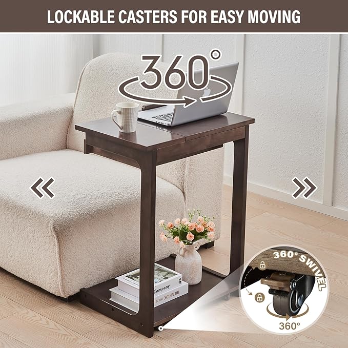 CozyDH Rolling Side Table with Wheels, Adjustable C Shaped End Table for Couch, Solid Wood TV Tray Sofa Arm Table for Eating Multi-Purpose, Small Coffee Table Living Room Bedroom, Walnut