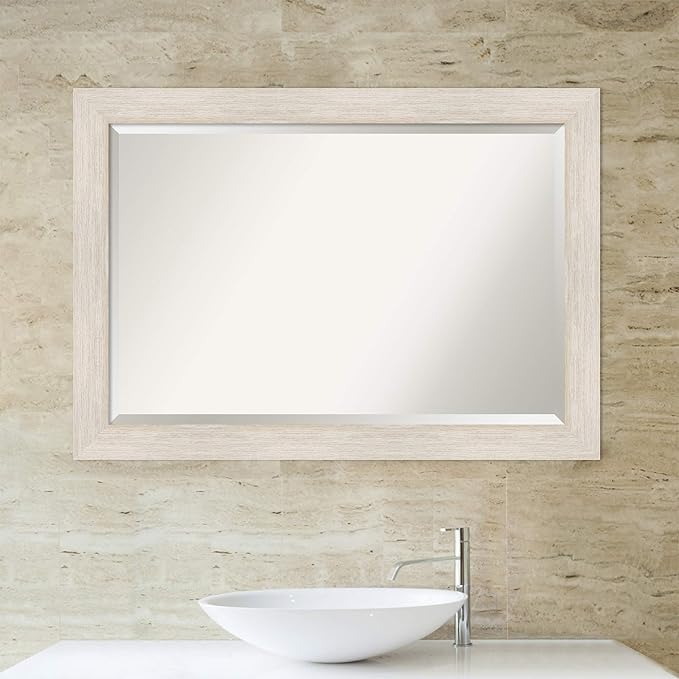 Amanti Art White Bathroom Mirror for Over Sink, 29x41 Hardwood White Wash Rectangle Vanity Mirror, Large Rustic Farmhouse Wood Frame, Hangs Horizonally and Vertically, Bathroom Wall Decor, Beveled