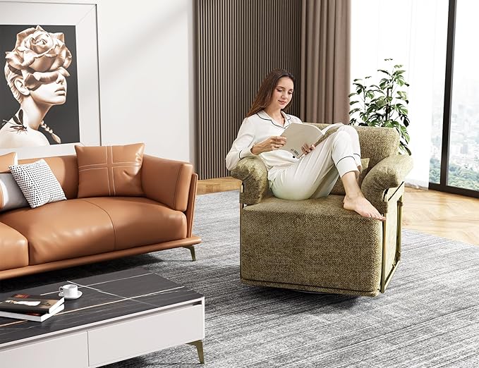 KEIKI Modern Comfy Swivel Accent Reading Chair with Waist Pillows, 360°Square Upholstered Barrel Armchair Single Club Lounge Sofa Chairs for Living Room,Bedroom,Office,Brown