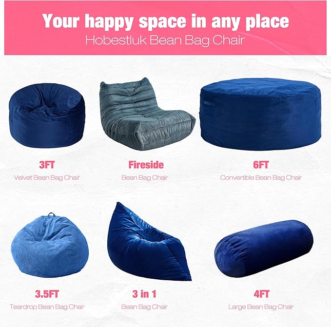 Hobestluk 4FT Bean Bag Chair Large Beanbag with Removable Cover Adult Bean Bag Chair with Portable Handle Desgin for Living Room Bedroom (Blue, 4FT)