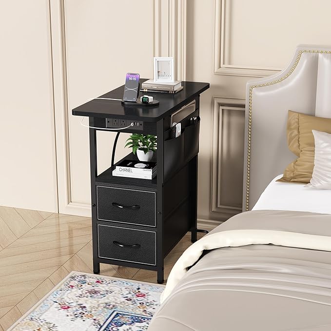 Small Side Table with Charging Station, Narrow Nightstand Bedside Tables with Storage Pocket for Living Room Bedroom, Sofa End Table with USB Ports and Power Outlets for Small Spaces