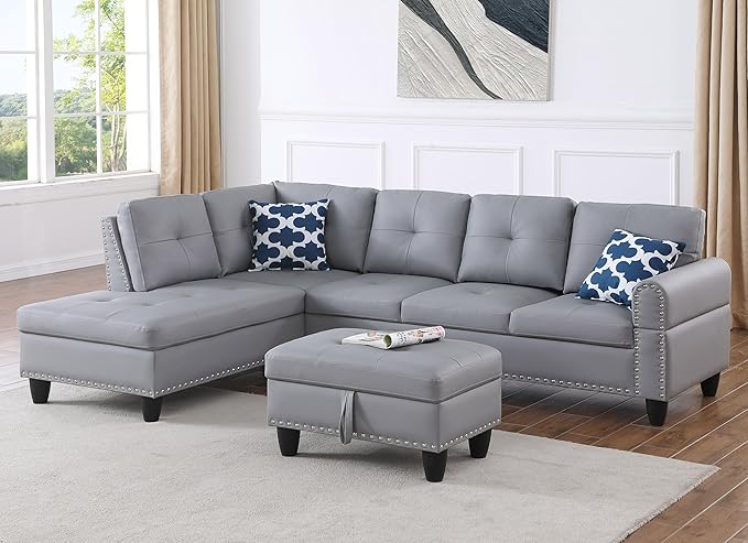 Ball & Cast 98" L Shaped Sectional Couch for Living Room with Storage Ottoman&Nailhead Trim,4 Seat Faux Leather Upholstered Modular Sectional Sofa Set 3 PCS W/Chaise&Cup Holders,for Home,Office,Gray