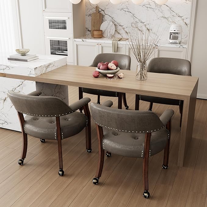 LEEMTORIG Large Dining Chairs with Casters and Arms, Rolling Dining Chairs with Wheels, Poker Chairs, Solid Wood Office Desk Chairs, 26"D x 25.2"W x 31.5"H, Cherry Legs & Dark Brown Fabric SY-1533-DK