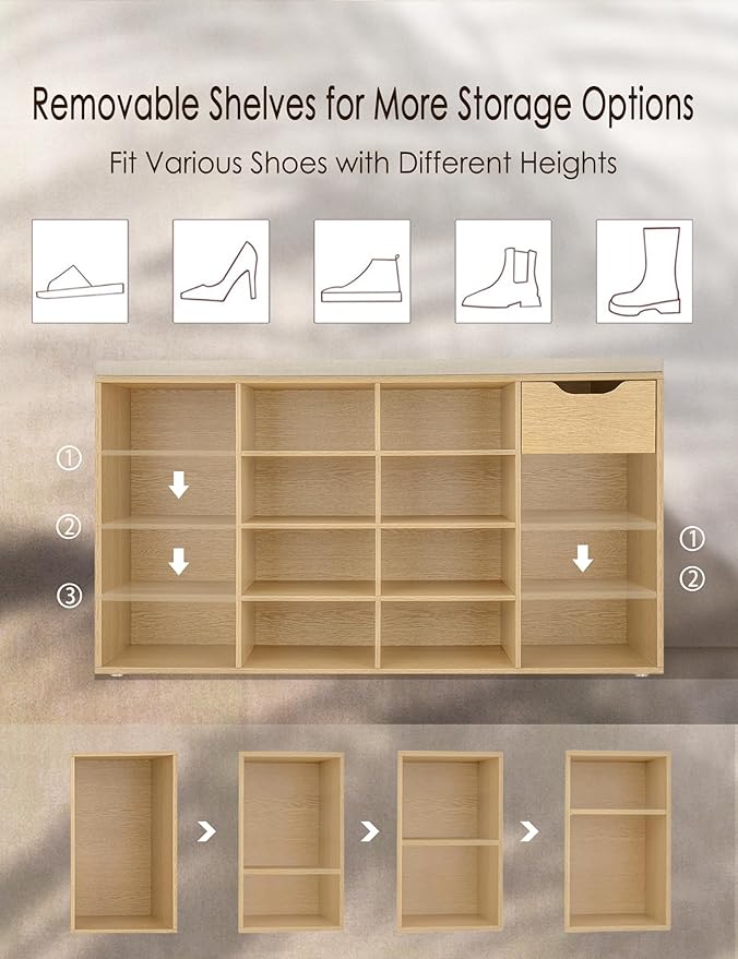 DINZI LVJ Shoe Bench, Entryway Storage Bench with Drawer and 15 Cubbies, Cubby Shoe Rack with Adjustable Shelves, Shoe Organizer Cabinet for Living Room, Bedroom, Mudroom, Closet and Garage, Natural