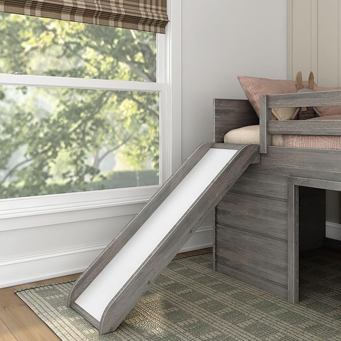 Max & Lily Loft Bed Twin Size, Solid Wood Low Loft Bed with Slide and Ladder, Modern Farmhouse Loft Bed for Kids, Driftwood