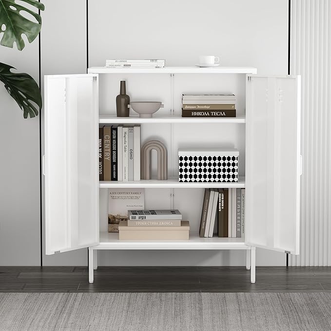 Manhattan Comfort Naomi Modern Metal Accent Cabinet, Minimalist Storage Cabinet with Doors & Adjustable Shelves, Vented Doors, Sturdy Steel Build, Versatile & Multi-Purpose Home Furniture, White
