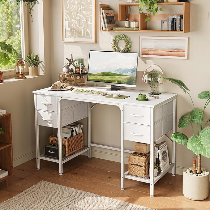 Huuger 47 Inch White Desk with 4 Drawers, Vanity Desk with Mesh Shelf, Study Table with Large Storage, Computer Desk for Home Office, Bedroom, Work from Home
