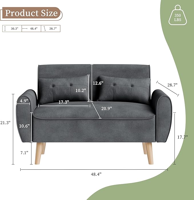 Shintenchi Small Modern Loveseat Couch Sofa, Mid Century Fabric Upholstered 2-Seat Sofa Couch Love Seats Furniture for Small Space,Living Room,Studio,Apartment with 2 Pillows
