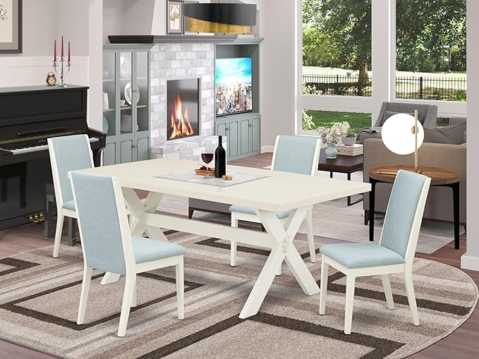 East West Furniture X027LA015-5 5 Piece Dining Room Furniture Set Includes a Rectangle Dining Table with X-Legs and 4 Baby Blue Linen Fabric Upholstered Chairs, 40x72 Inch, Multi-Color