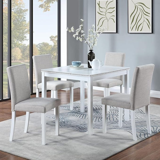 Ball & Cast 5 Piece Dining Table Set,Kitchen Table Set for 4 W/ 34.5" Square Wooden Dining Table,Living Room Furniture W/ 4 Upholstered Chairs,for Dining Room,Kitchen,Restaurant,White