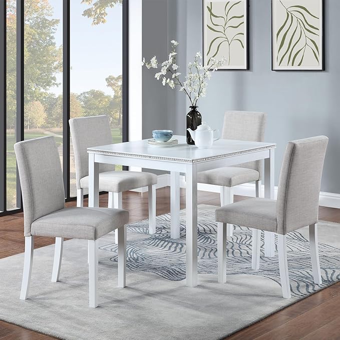 KEIKI 5-Piece Standard Height Dining Table Set with Square Table and 4 Upholstered Chair, for 4 Person, Modern Style Crystal Decoration Wood Table Set, Easy Assembly, for Kitchen, Dining Room, White