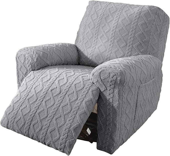 vctops 4 Pieces Geometric Jacquard Plush Recliner Slipcovers Soft Fuzzy Fluffy Sofa Couch Cover Anti-Slip Furniture Protector with Elastic Bottom for Kids Cats Dogs(Grey,1 Seat)