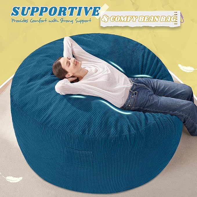 HABUTWAY 5FT Bean Bag Chair,Giant Bean Bag Chairs for Adults,Big Bean Bags with Memory Foam Filled, Large Beanbag Chairs with Soft Corduroy Cover-Dark Blue