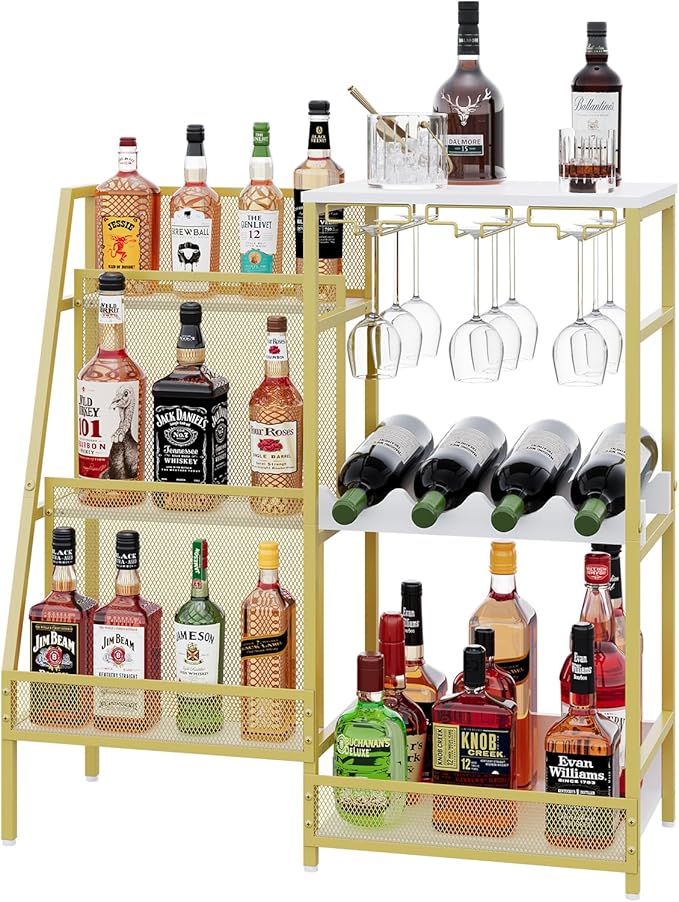 Gold Liquor Stand with Glass Holder, Multifunctional Wine Rack Freestanding Floor with Fences, Mini Bar Table for Liquor Whiskey Wine, 3-Tier Trapezoidal Liquor Cabinet for Home Bar (Patent Pending)