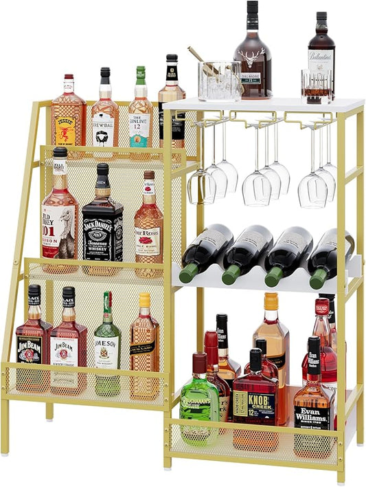 Gold Liquor Stand with Glass Holder, Multifunctional Wine Rack Freestanding Floor with Fences, Mini Bar Table for Liquor Whiskey Wine, 3-Tier Trapezoidal Liquor Cabinet for Home Bar (Patent Pending)
