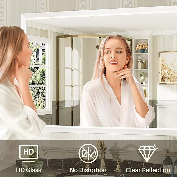 72x32 Inch White Bathroom Mirror for Wall, Thick Metal Framed Rectangle Mirrors for Over Sink, Bedroom, Living Room, Entryway, Anti-Rust, HD Tempered Glass