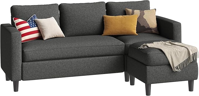 Small Sectional Sofa Couch, 3 Seat L Shaped Couches with Ottoman, Upholstered Fabric Convertible Sofa, Small Couch for Apartments, Living Room and Office (Black)