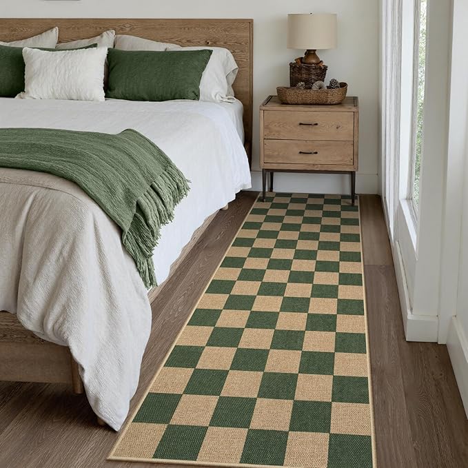 Lahome Checkered Outdoor Runner Rug, 2x8 Green Kitchen Runner Rugs for Non Skid Washable Entryway Carpet, Checkerboard Non Slip Non Shedding Carpet for Bedroom