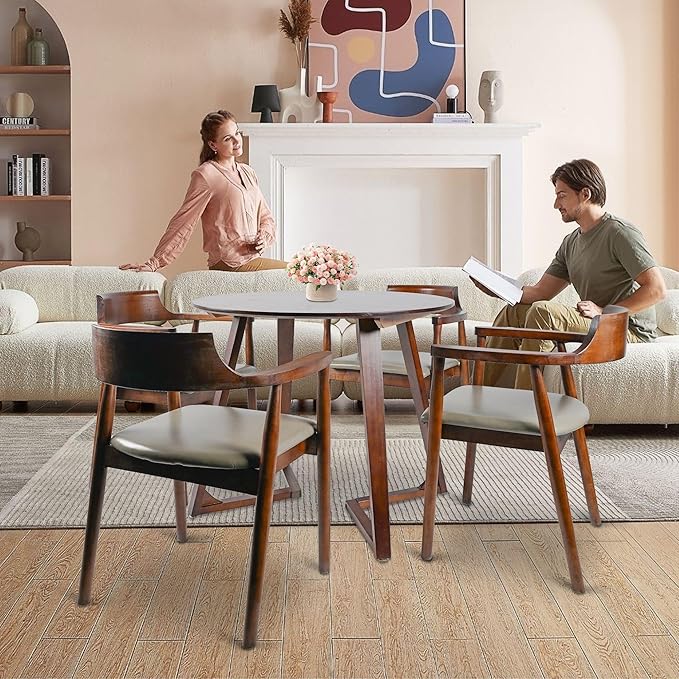 Round Rubber Solid Wood Dining Table - Mid Century Modern Style with V-Shaped Wooden Frame Base, Multi-Functional as Meeting/Coffee/Leisure Table,Space Saving Design,24”
