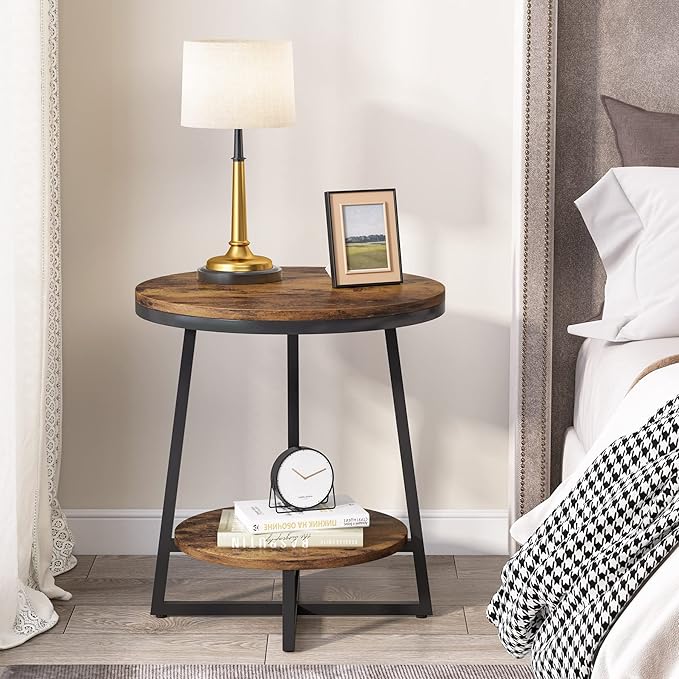 Tribesigns Round End Table Set of 2, 2 Tier Side Table with Storage Shelf, Industrial Nightstand Bedside Table Coffee Accent Table for Living Room Small Space, Rustic Brown