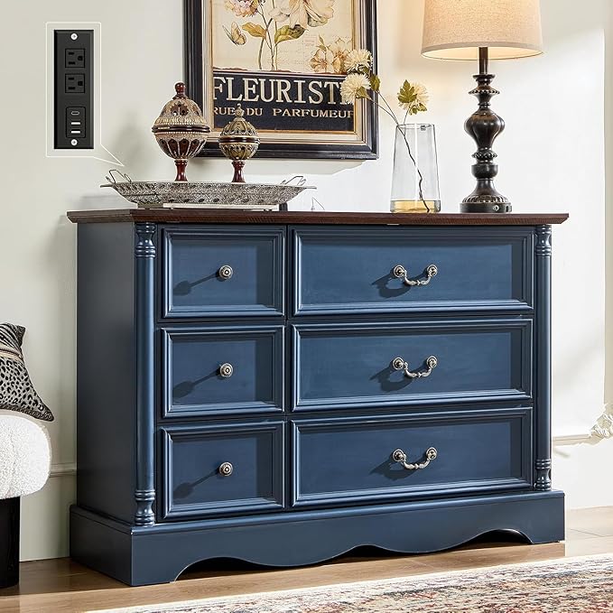 Farmhouse 6 Drawers Dresser for Bedroom with Charging Station, Wood Country Rustic Storage Dressers Organizer, Vintage Design
