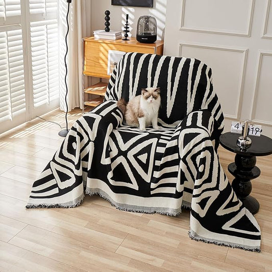 HANDONTIME Boho Armchair Slipcovers for Dogs - Black & Beige Chenille Couch & Sofa Covers for Recliner, Sectional - 59" X 71"