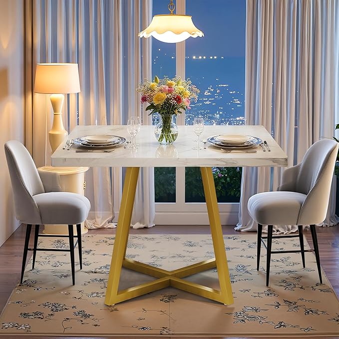 Square Dining Table for 2-4, 31.5" Small Dinner Table with Metal Frame Base Square Kitchen Tables for Dining Room, Kitchen, Living Room, White & Gold