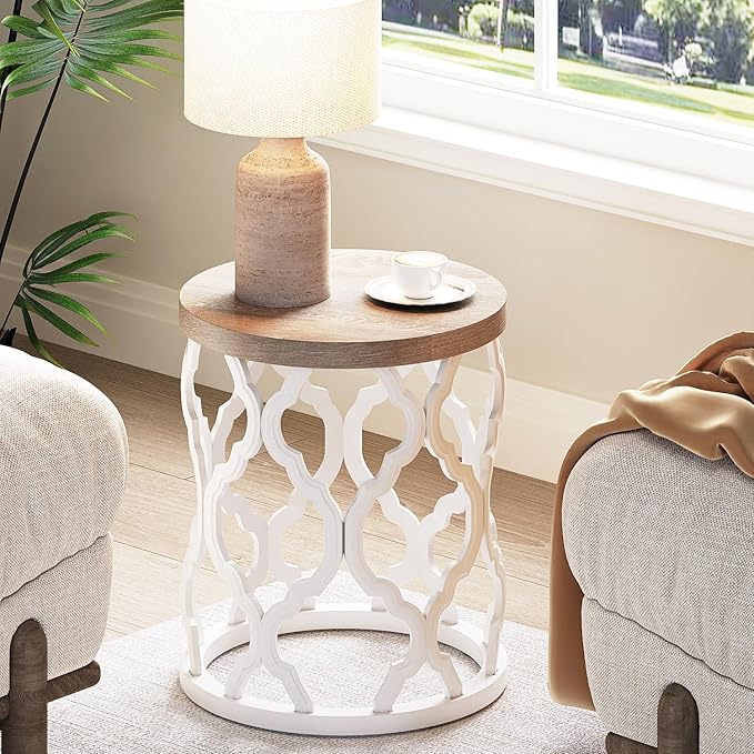 Farmhouse End Table, 18.5'' French Country Round Side Table, Wood Top Side Table with Curved Motif Frame Base for Boho, End Tables Living Room, Bedroom, Small Space, Easy Assembly