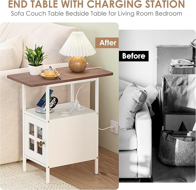 Farmhouse Narrow Side Table with Charging Station - 3-Tier End Table with USB & Outlets Compact Bedside Storage Table for Small Spaces, Multi-Functional Accent Table for Bedroom, Couch Corner Entryway