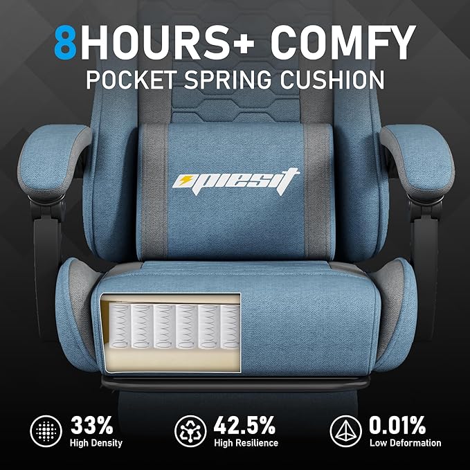 Gaming Chair, Computer Chairs for Adults with Lumbar Support and Massager, Comfortable Gamer Chair with Footrest & Pocket Spring Cushion, Ergonomic Home Office Chair, Blue, Fabric