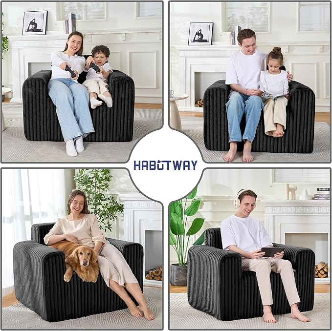 HABUTWAY Giant Bean Bag Chairs for Adults with Armrests, High Backrest Bean Bag Lounge Lazy Sofa with Durable Elastic Foam Filling & Comfy Fabric, Single Couch for Bedroom/Dorm/Living Room(Black)
