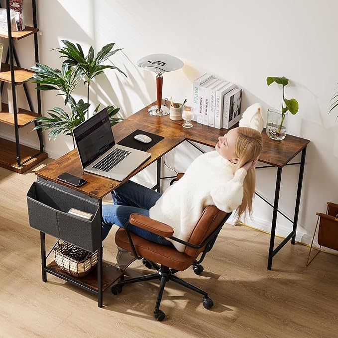 Whitmor L Shaped Gaming Desk - 50 Inch Reversible Corner Computer Desk with Wood Top, Metal Frame, CPU Stand & Side Bag, Home Office Dorm Sturdy Writing Workstation, Brown