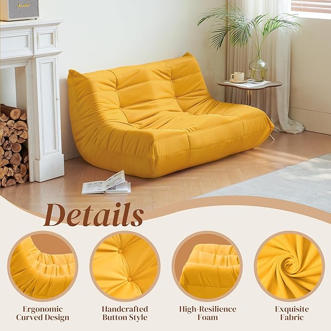 Bean Bag Chair, Loveseat Fireside Chair Bean Bag Sofa for Adults, 2 Seater Bean Bag Chairs for Teens with High-Resilience Foam, Memory Foam Bean Bag for Living Room, Bedroom, Office (Suede, Yellow)