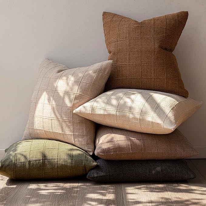 Foindtower Set of 2 Decorative Linen Check Throw Pillow Covers Neutral Farmhouse Vintage Cushion Covers Modern Boho Home Decor for Sofa Chair Couch Bedroom Living Room Outdoor,26×26 Inch,Brown Hazel