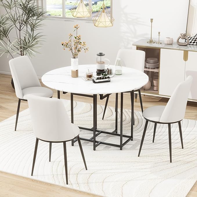 Merax 47.2” Round Dining Table Set for 4, Foldable Kitchen Dining Table with 11.8” Drop Leaves, Faux Marble Top with Golden Frame, 4 Upholstered Chairs (White+Beige)