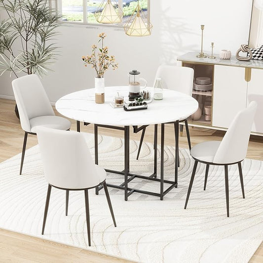 Merax 47.2” Round Dining Table Set for 4, Foldable Kitchen Dining Table with 11.8” Drop Leaves, Faux Marble Top with Golden Frame, 4 Upholstered Chairs (White+Beige)
