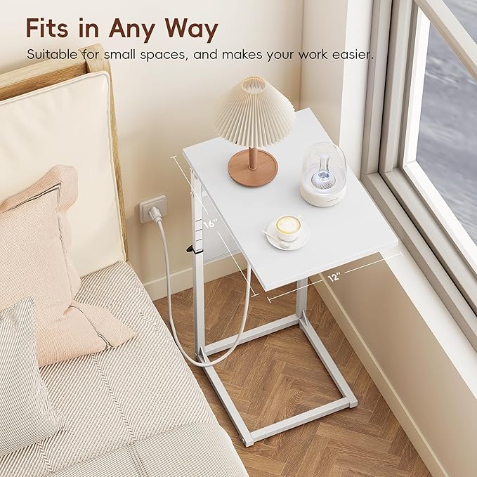 Vagusicc C Shaped End Table with Charging Station, Adjustable Height Side Table for Couch, Small Sofa Table for Small Spaces, Slide Under Sofa Table TV Tray Arm Tables for Living Room, Bedroom, White