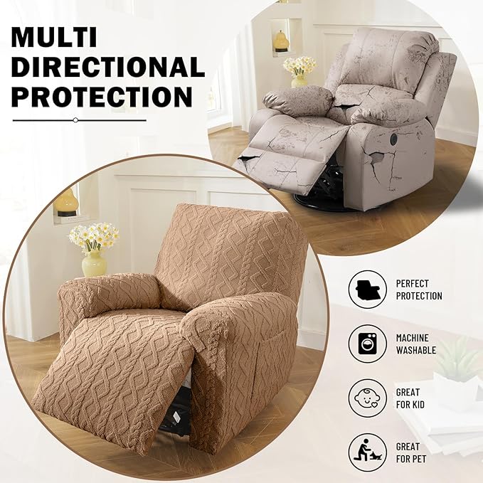 vctops 4 Pieces Geometric Jacquard Plush Recliner Slipcovers Soft Fuzzy Fluffy Sofa Couch Cover Anti-Slip Furniture Protector with Elastic Bottom for Kids Cats Dogs(Brown,1 Seat)