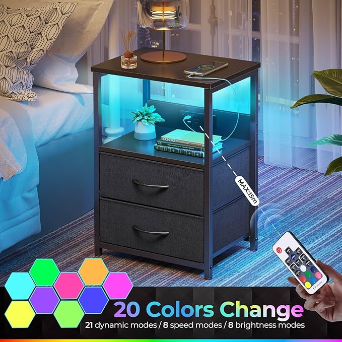 Seventable Nightstand Set of 2 with Charging Station, Bedside Table with LED Lights, Night Stand with 2 Fabric Drawers, 3-Tier Storage End Table for Bedroom, Black