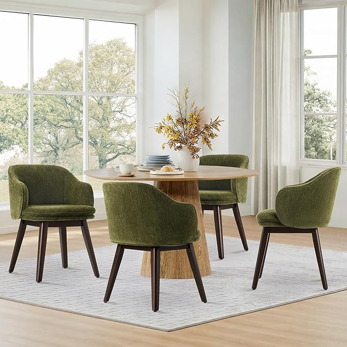 Wooden Dining Chairs Set of 2, Fabric Upholstered Modern Dining Room Chairs with Barrel Backrest & Double-Layer Thick Cushion for Living Room, Restaurant, Kitchen and Café, Green